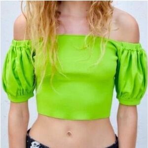 Zara Women XS Bright Green Cropped Knit Top With Balloon Sleeves NWT
